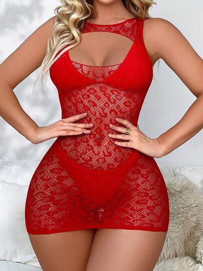 Red Sheer Lace Cutout Bodycon Dress