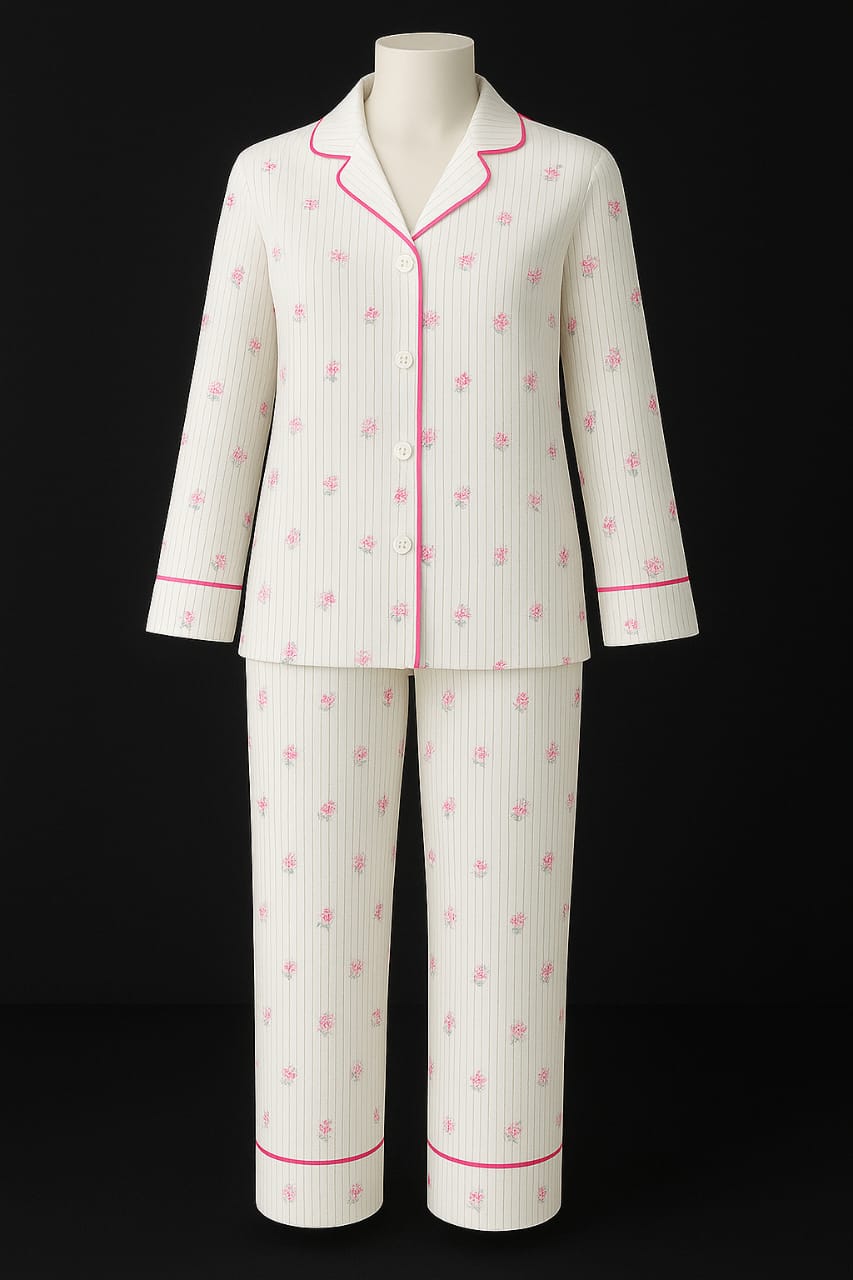 Pink Trim Striped Floral Pajama Set