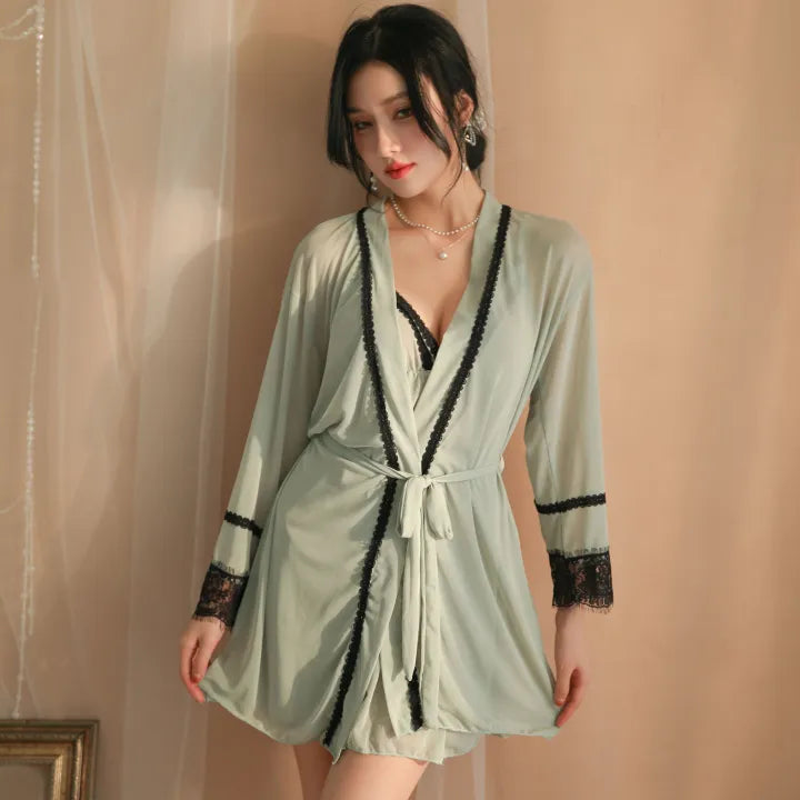 Mint Lingerie Nighty and Robe Set with Lace Trim