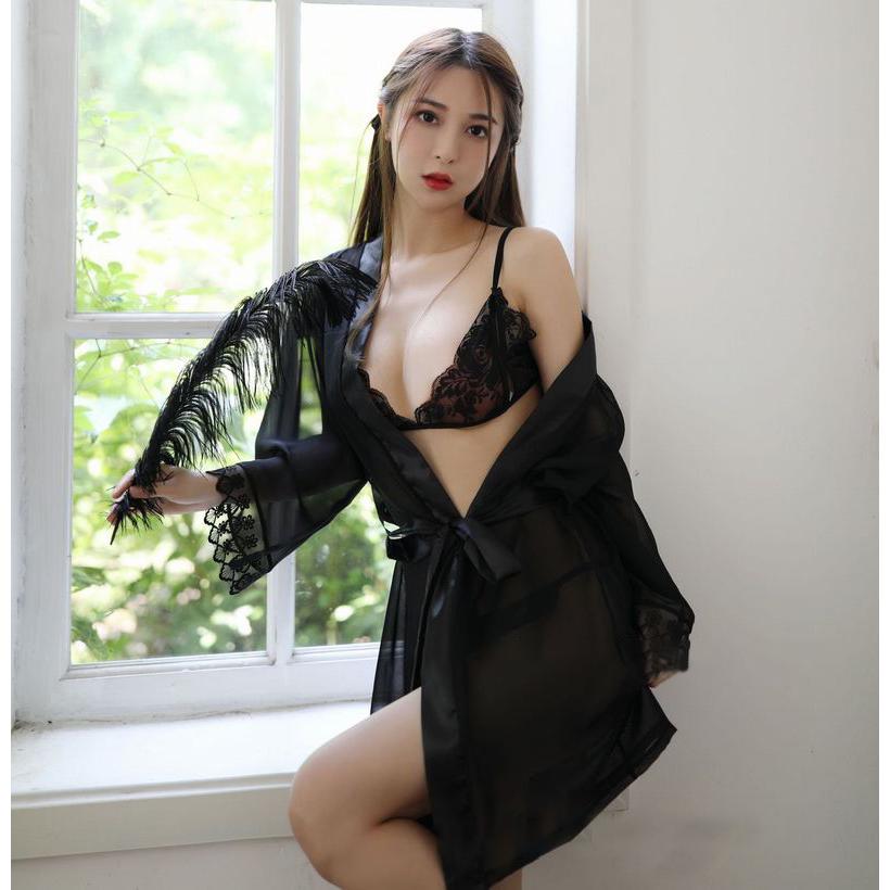 Sheer Lace Bralette and Robe Lingerie Set