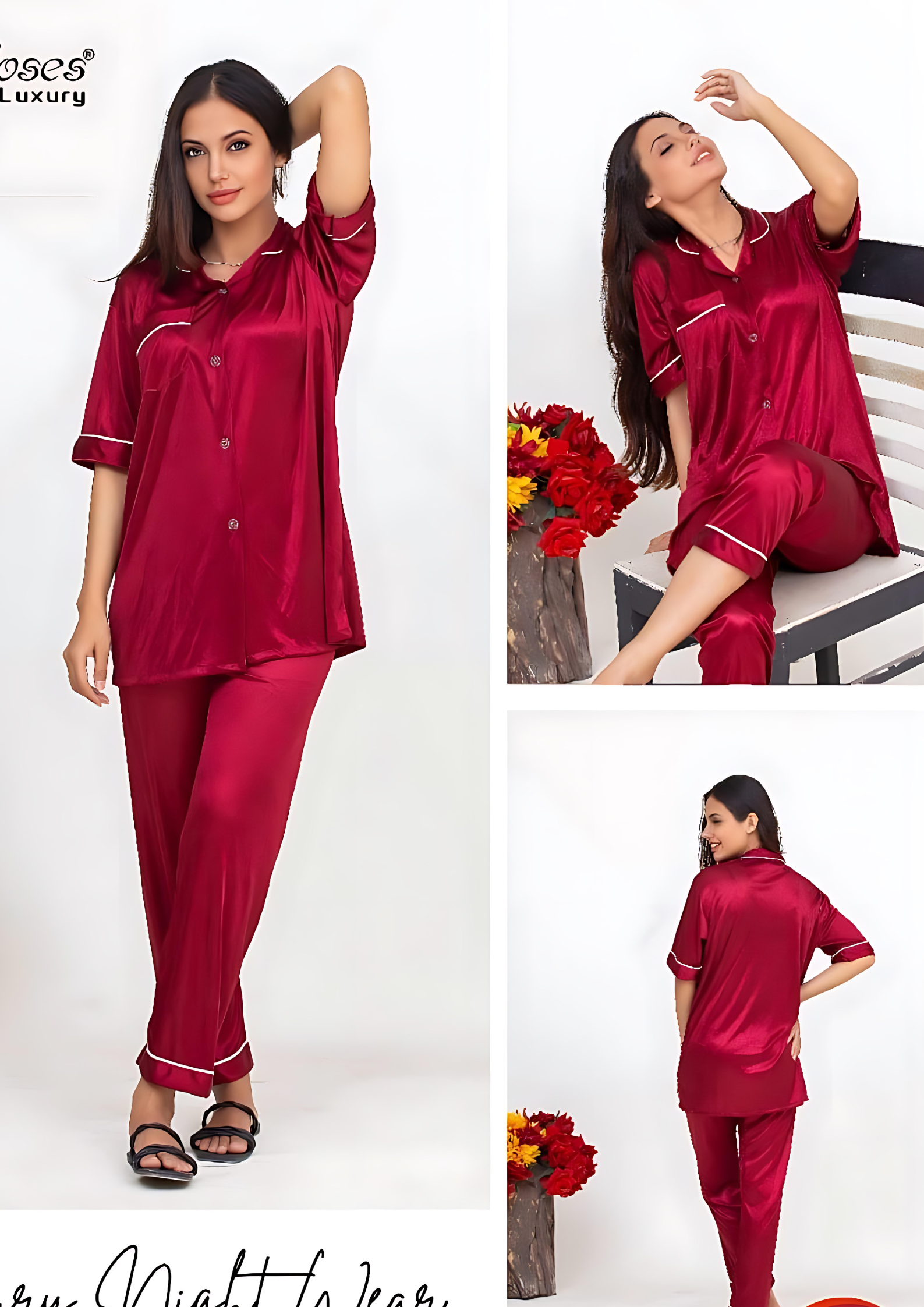 Women’s Maroon Satin Luxury Nightwear Set – Button Down Shirt & Full-Length Pajama