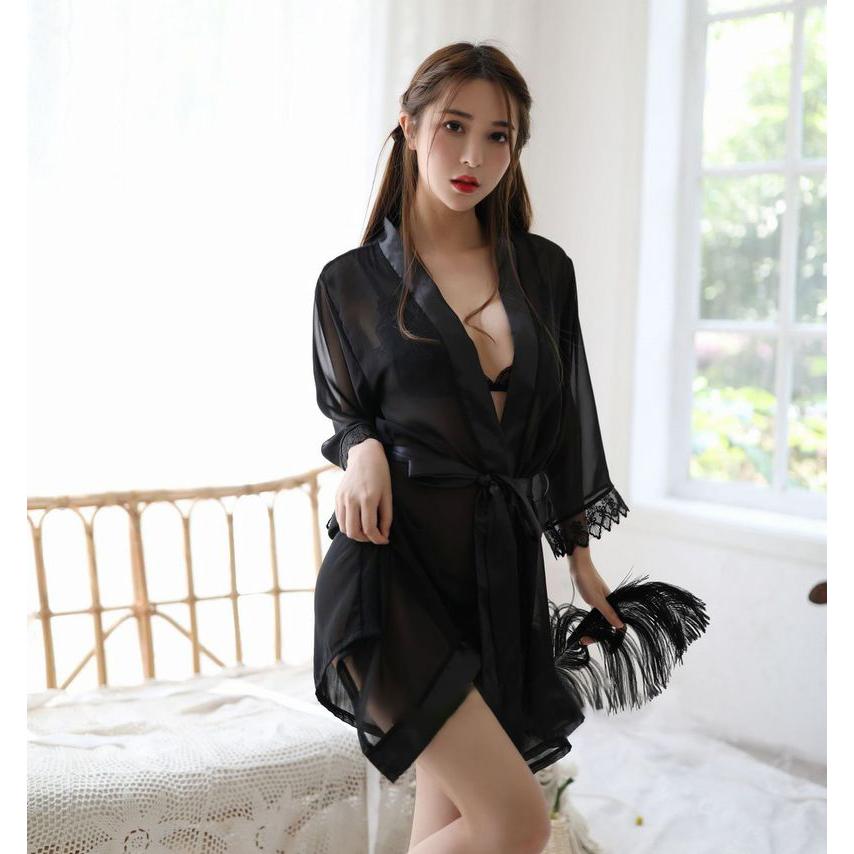 Sheer Lace Bralette and Robe Lingerie Set
