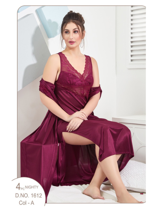 Silky Maroon Sleepwear Bridal Night Dress for Women