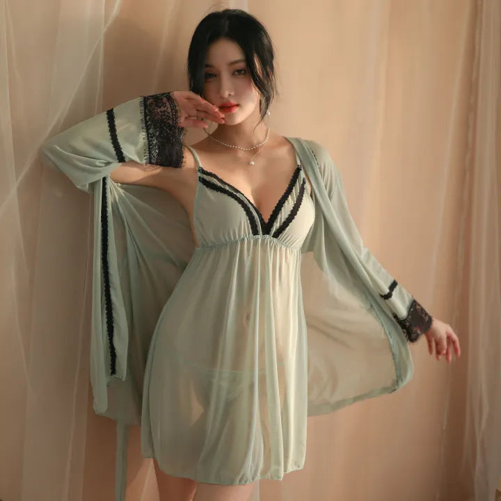 Mint Lingerie Nighty and Robe Set with Lace Trim