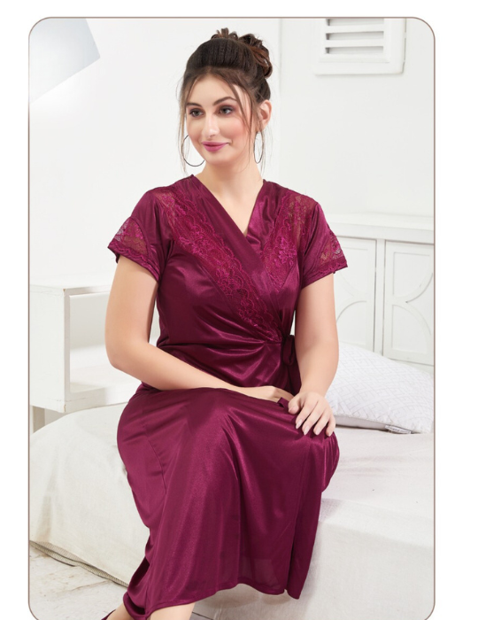 Silky Maroon Sleepwear Bridal Night Dress for Women