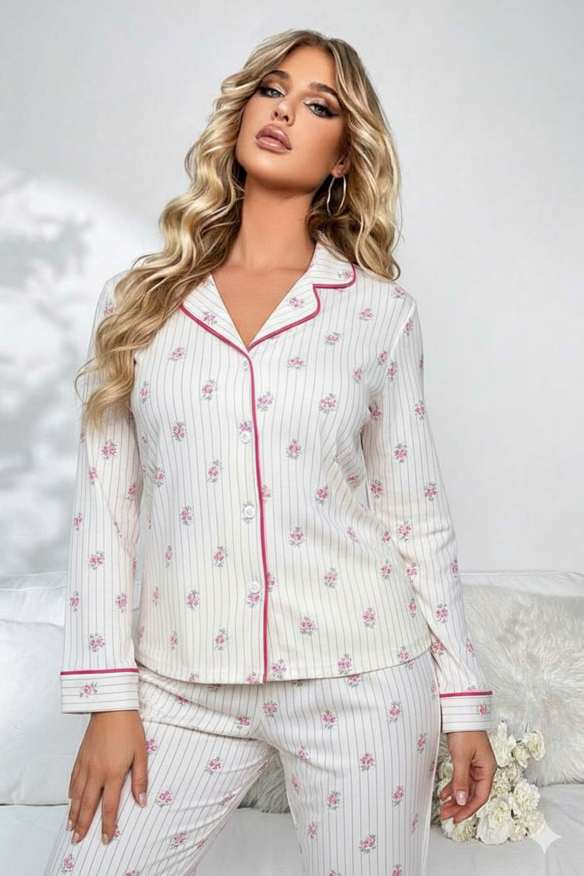 Pink Trim Striped Floral Pajama Set
