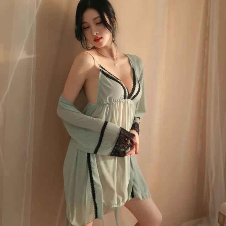 Mint Lingerie Nighty and Robe Set with Lace Trim