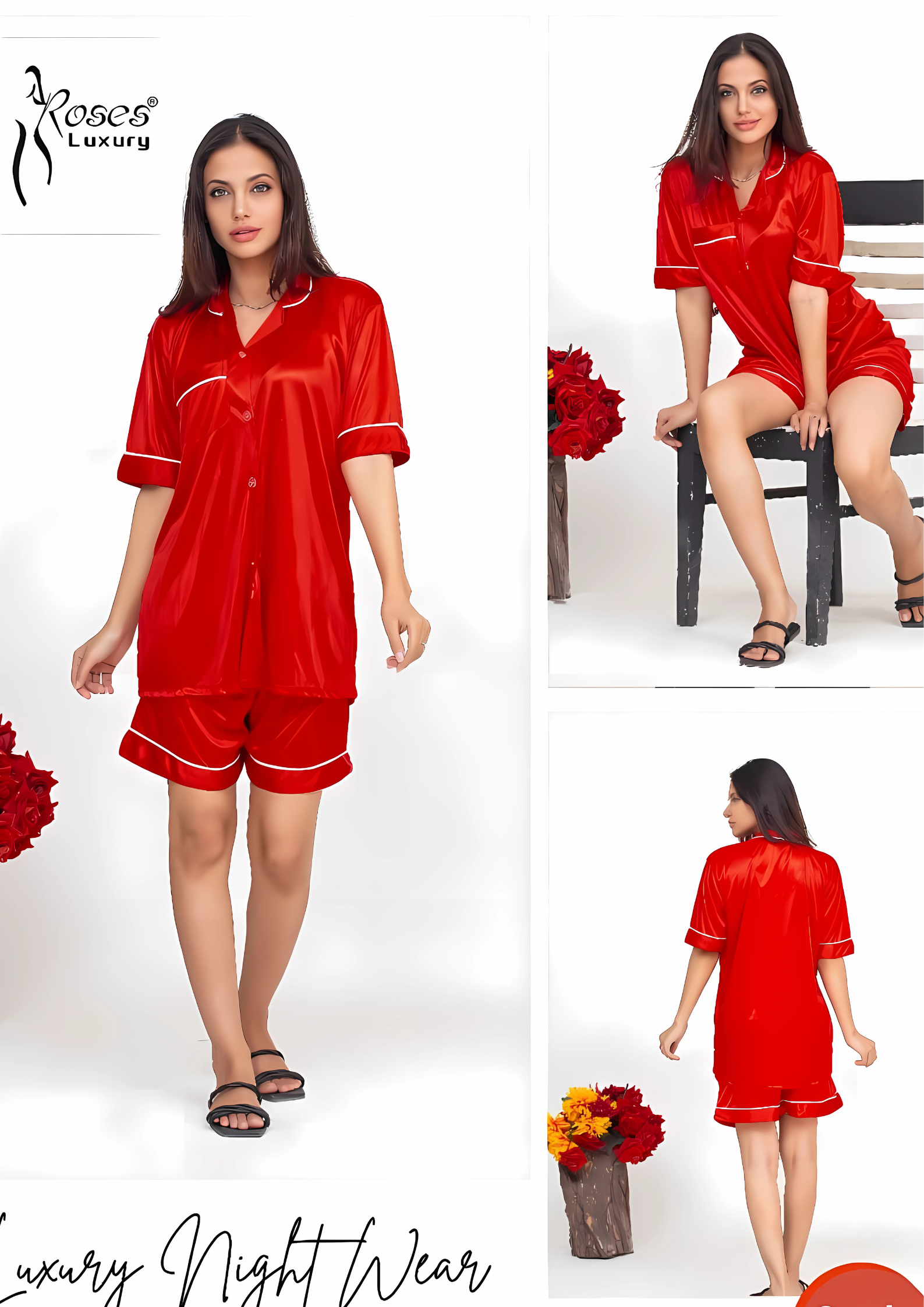 Women’s Red Satin Luxury Nightwear Set – Short Sleeve Shirt & Shorts