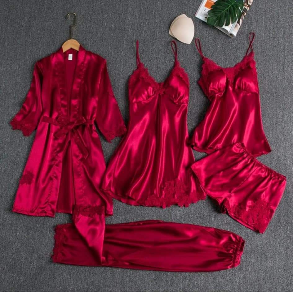 6-Piece Satin Lingerie & Nightwear Set – Ruby Red