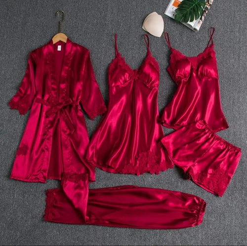 6-Piece Satin Lingerie & Nightwear Set – Ruby Red